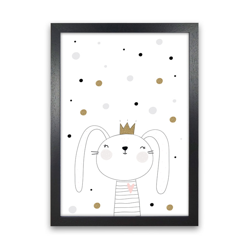 Scandi Cute Bunny With Crown And Polka Dots Modern Print Black Grain