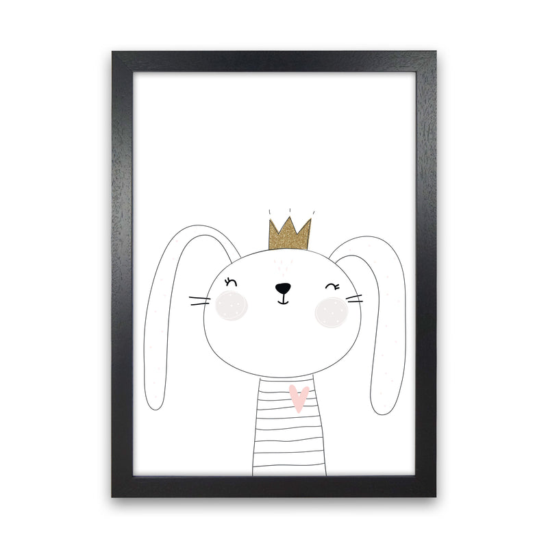 Scandi Cute Bunny With Crown Framed Nursey Wall Art Print Black Grain