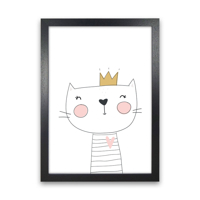 Scandi Cute Cat With Crown Framed Nursey Wall Art Print Black Grain