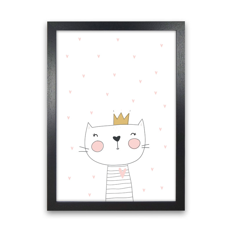 Scandi Cute Cat With Crown And Stars Framed Nursey Wall Art Print Black Grain