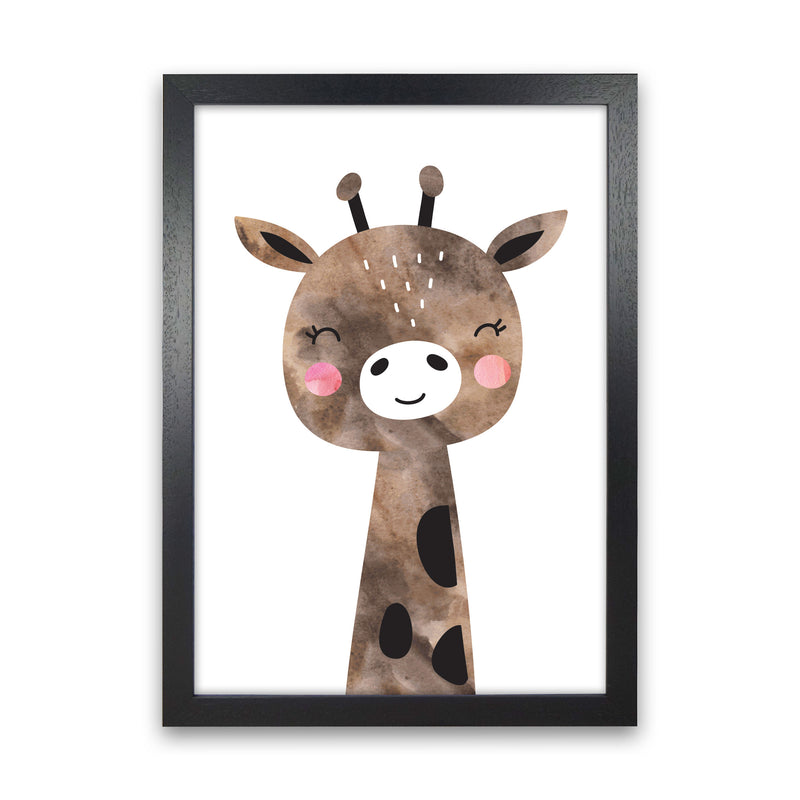 Scandi Brown Giraffe Watercolour Framed Nursey Wall Art Print Black Grain
