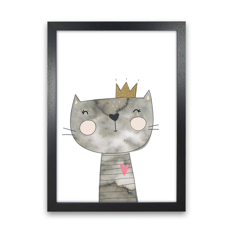 Scandi Grey Cat Watercolour Framed Nursey Wall Art Print Black Grain