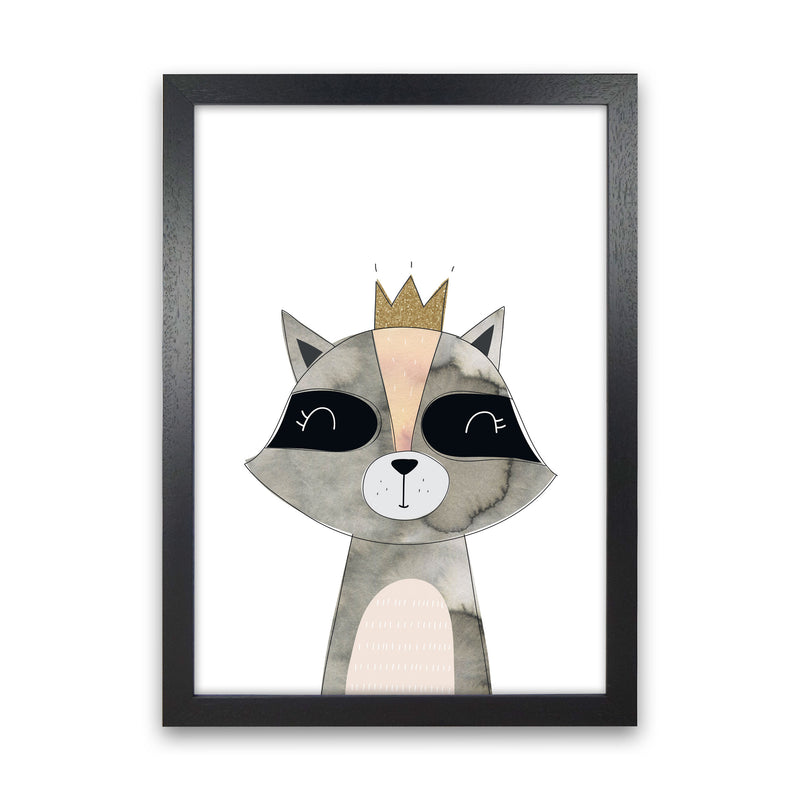 Scandi Grey Raccoon Watercolour Framed Nursey Wall Art Print Black Grain