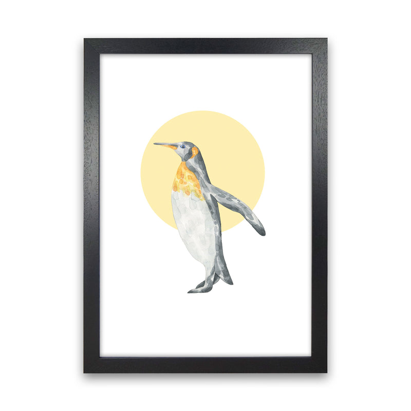 Watercolour Penguin With Yellow Circle Modern Print, Animal Art Print Black Grain