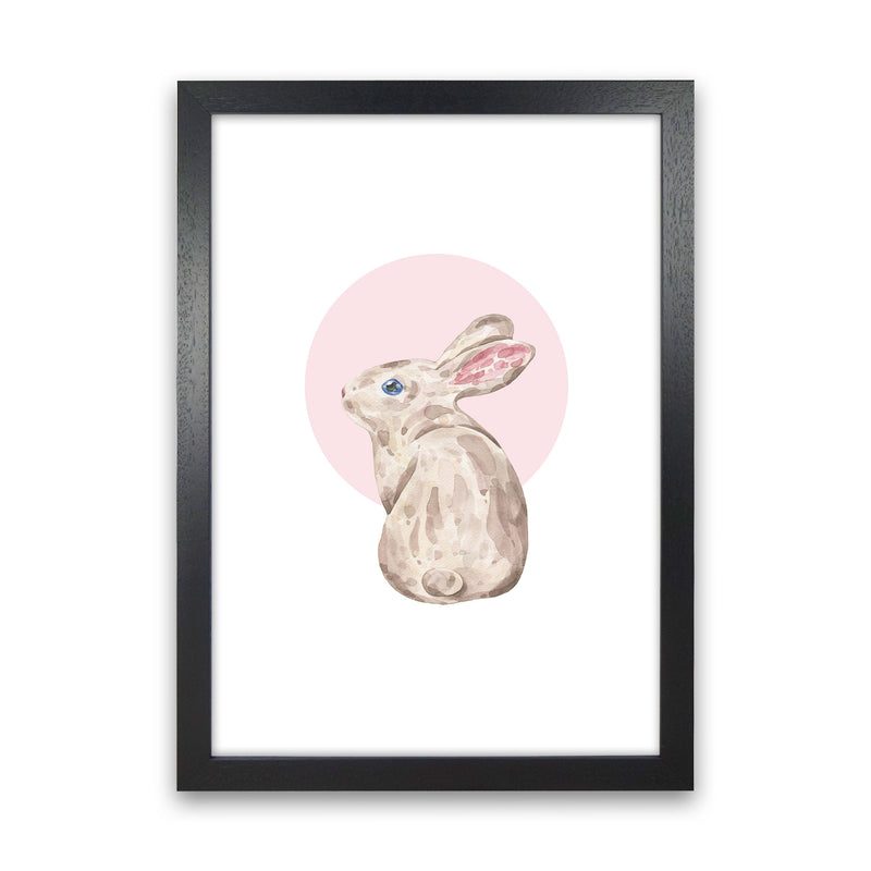 Watercolour Bunny With Pink Circle Modern Print, Animal Art Print Black Grain
