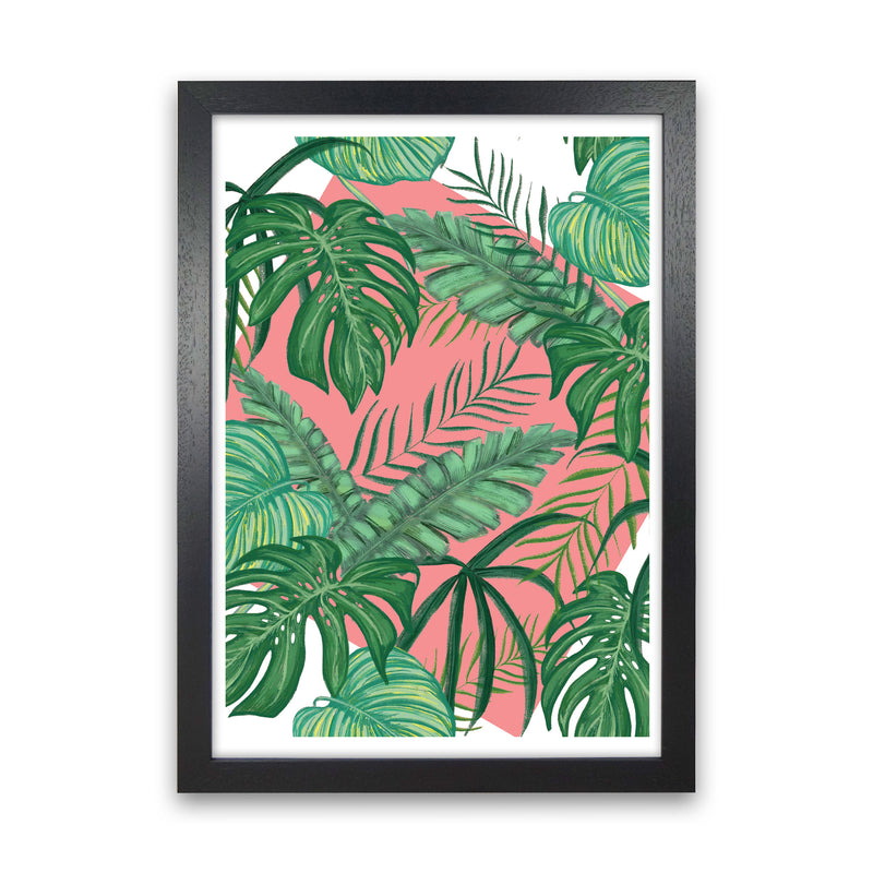 Abstract Leaves With Pink Background Modern Print, Framed Botanical Nature Art Black Grain