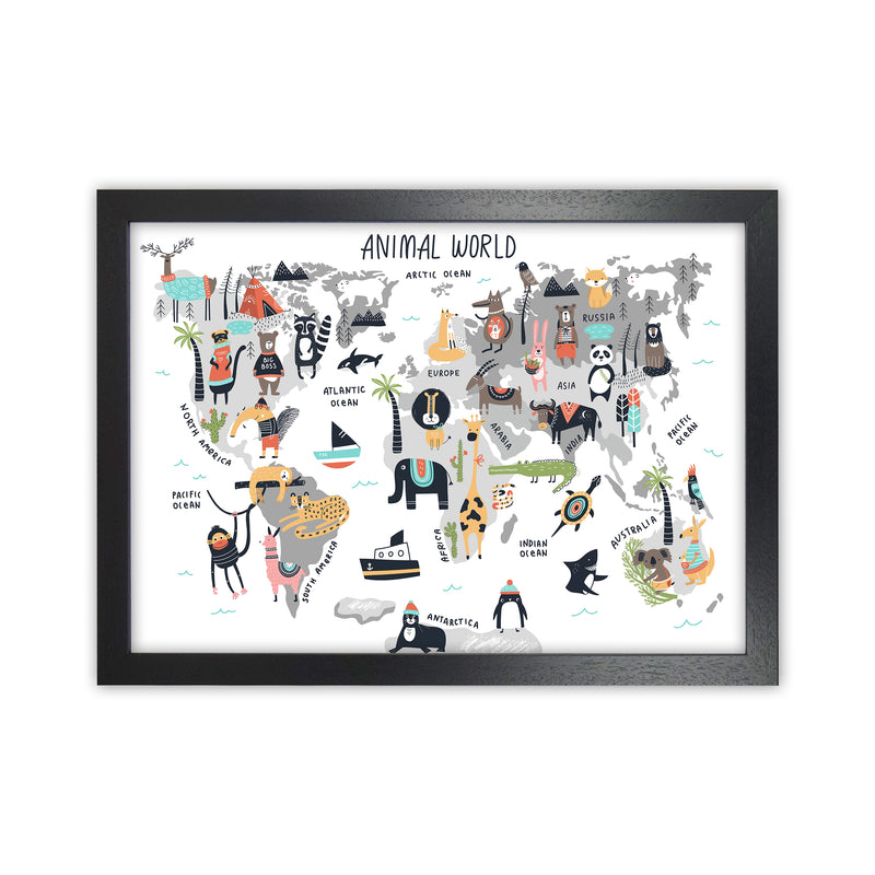 Animal World Map  Art Print by Pixy Paper Black Grain