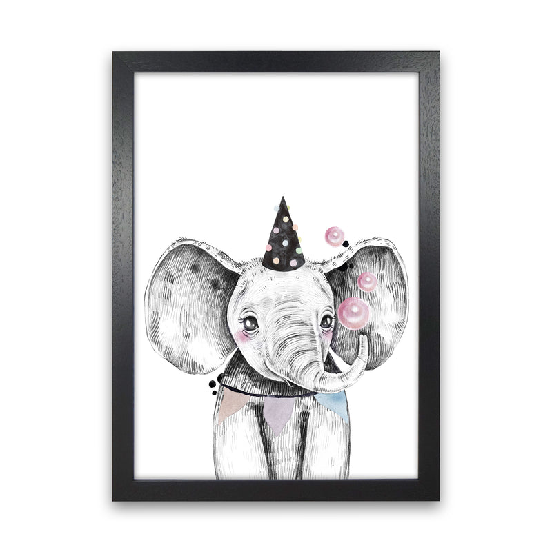 Safari Babies Elephant With Party Hat  Art Print by Pixy Paper Black Grain