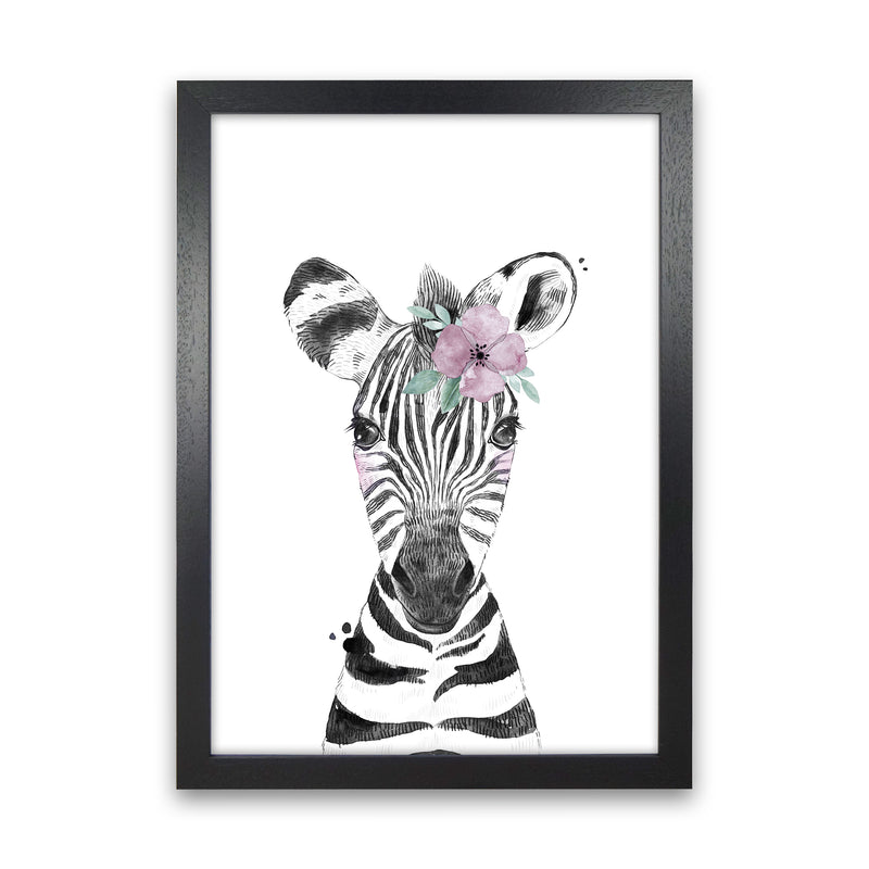 Safari Babies Zebra With Flower  Art Print by Pixy Paper Black Grain