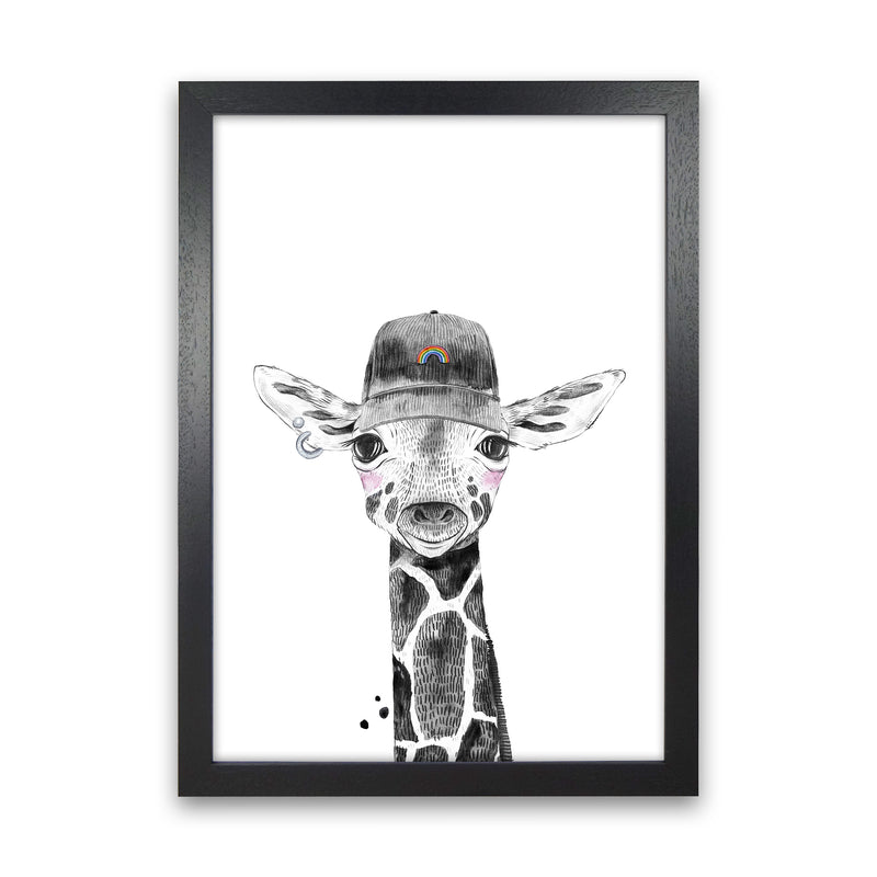 Safari Babies Giraffe With Hat  Art Print by Pixy Paper Black Grain
