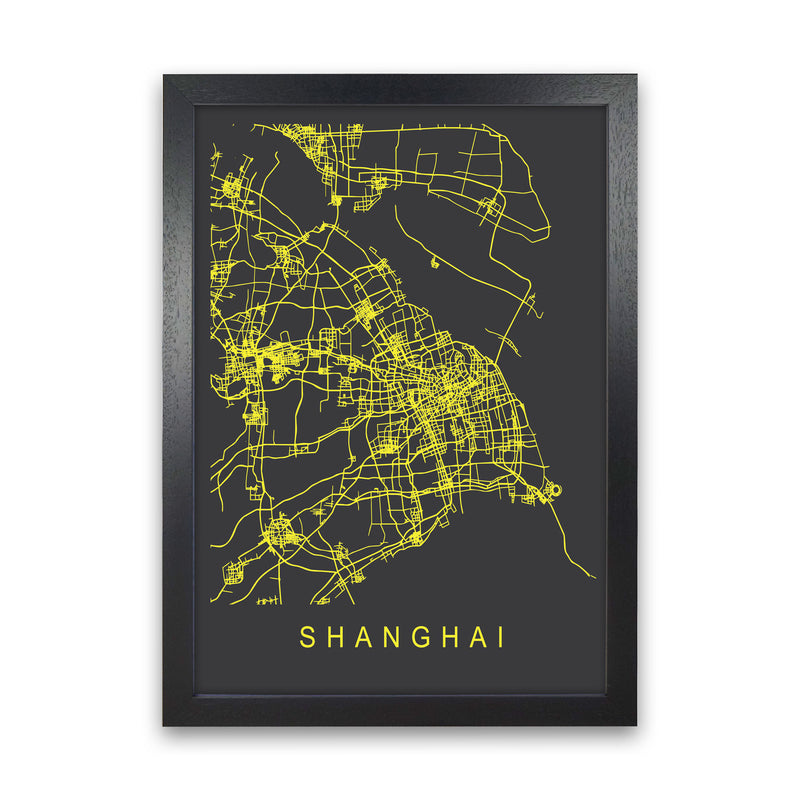 Shanghai Map Neon Art Print by Pixy Paper Black Grain