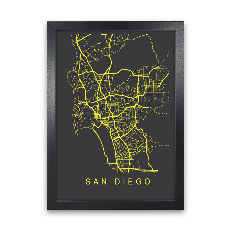 San Diego Map Neon Art Print by Pixy Paper Black Grain