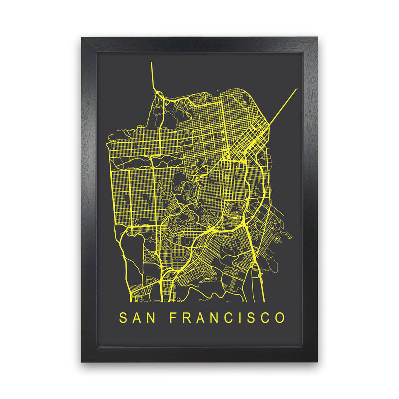 San Francisco Map Neon Art Print by Pixy Paper Black Grain