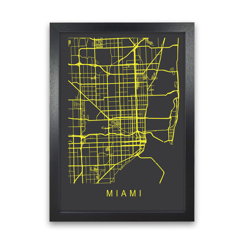 Miami Map Neon Art Print by Pixy Paper Black Grain