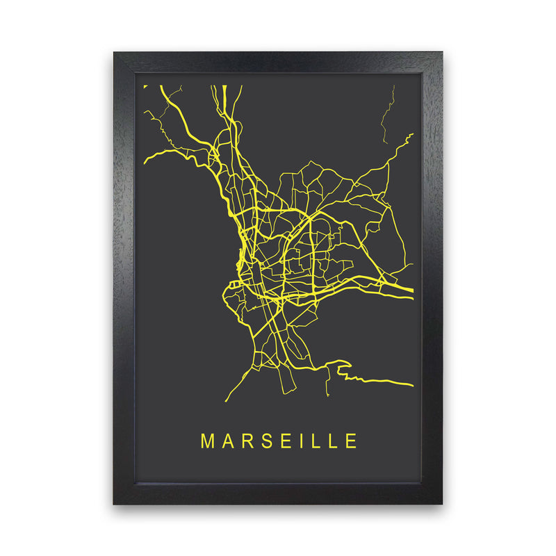 Marseille Map Neon Art Print by Pixy Paper Black Grain