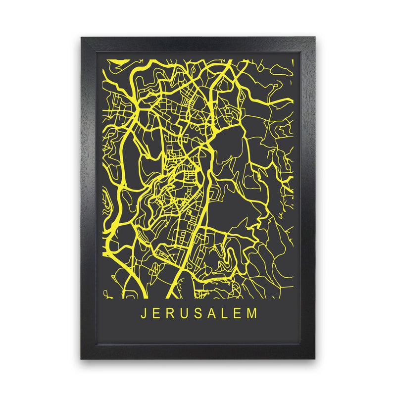 Jerusalem Map Neon Art Print by Pixy Paper Black Grain