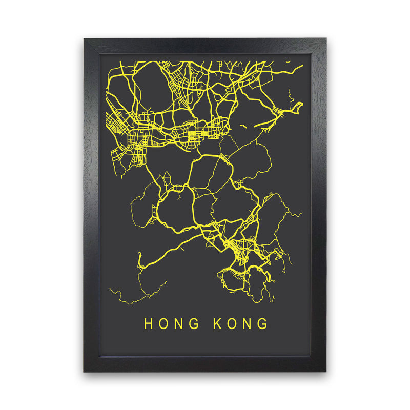 Hong Kong Map Neon Art Print by Pixy Paper Black Grain
