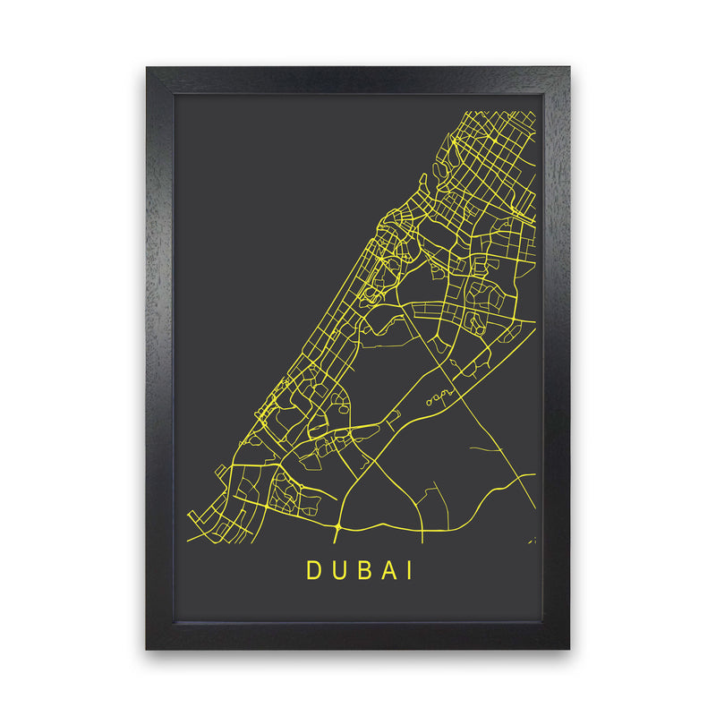Dubai Map Neon Art Print by Pixy Paper Black Grain