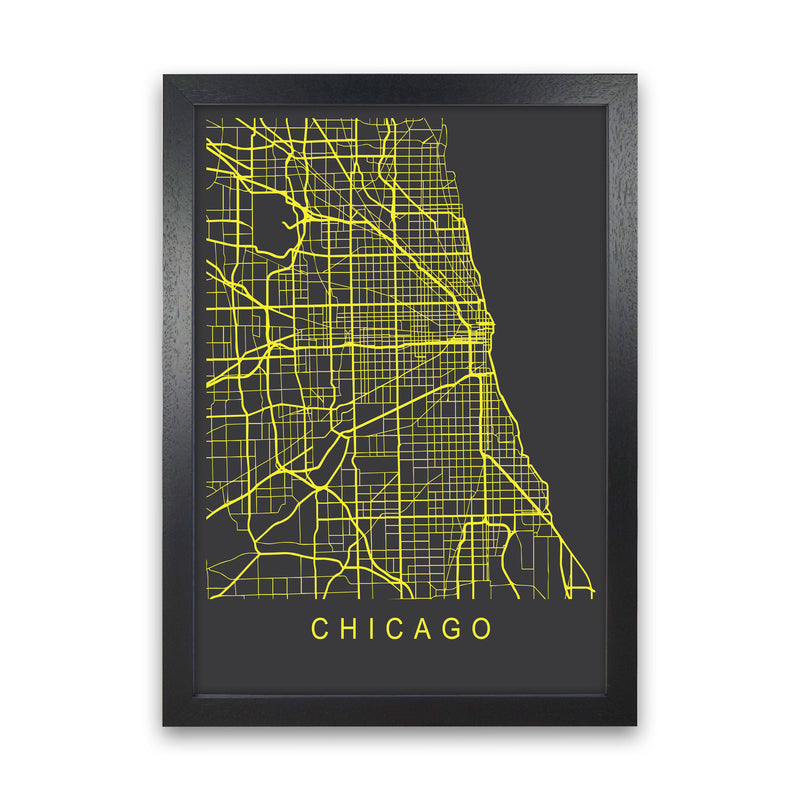 Chicago Map Neon Art Print by Pixy Paper Black Grain