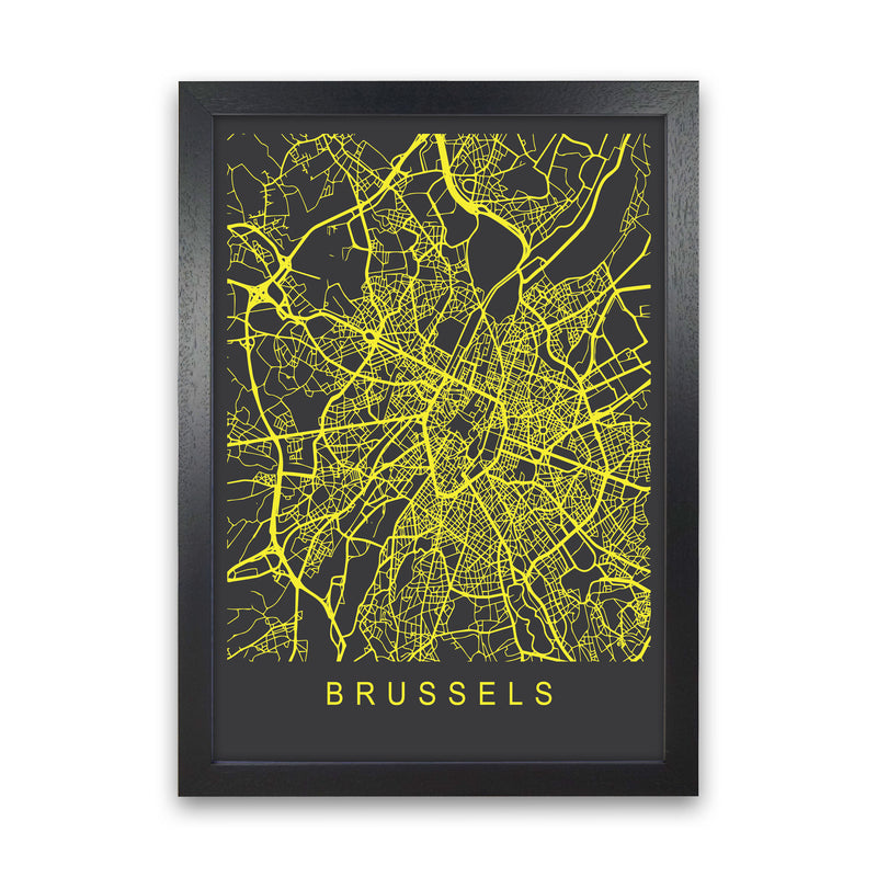 Brussels Map Neon Art Print by Pixy Paper Black Grain