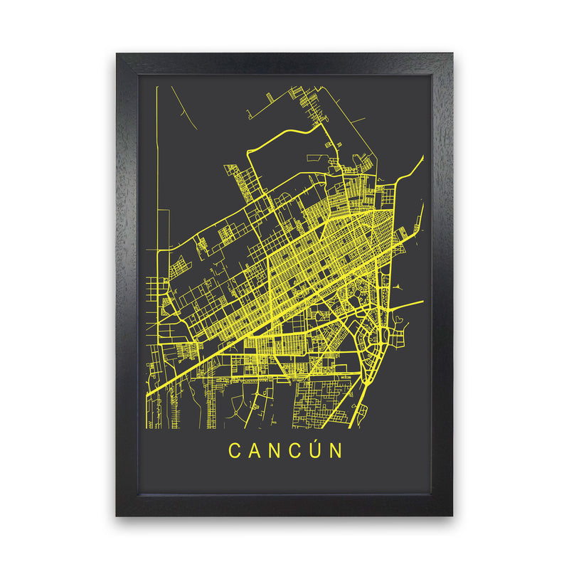 Cancun Map Neon Art Print by Pixy Paper Black Grain