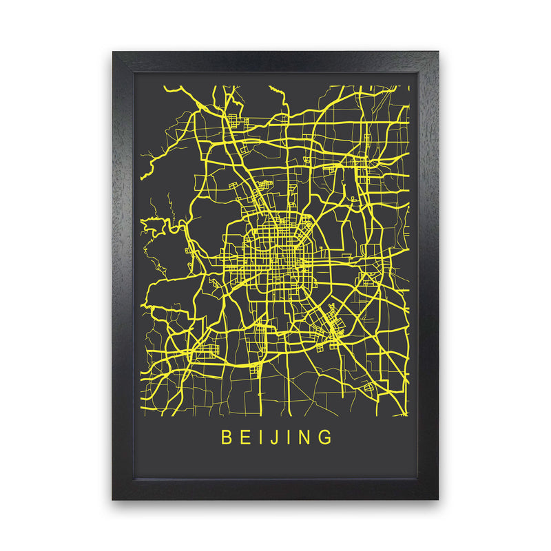 Beijing Map Neon Art Print by Pixy Paper Black Grain
