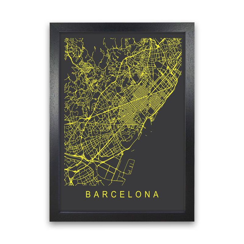 Barcelona Map Neon Art Print by Pixy Paper Black Grain