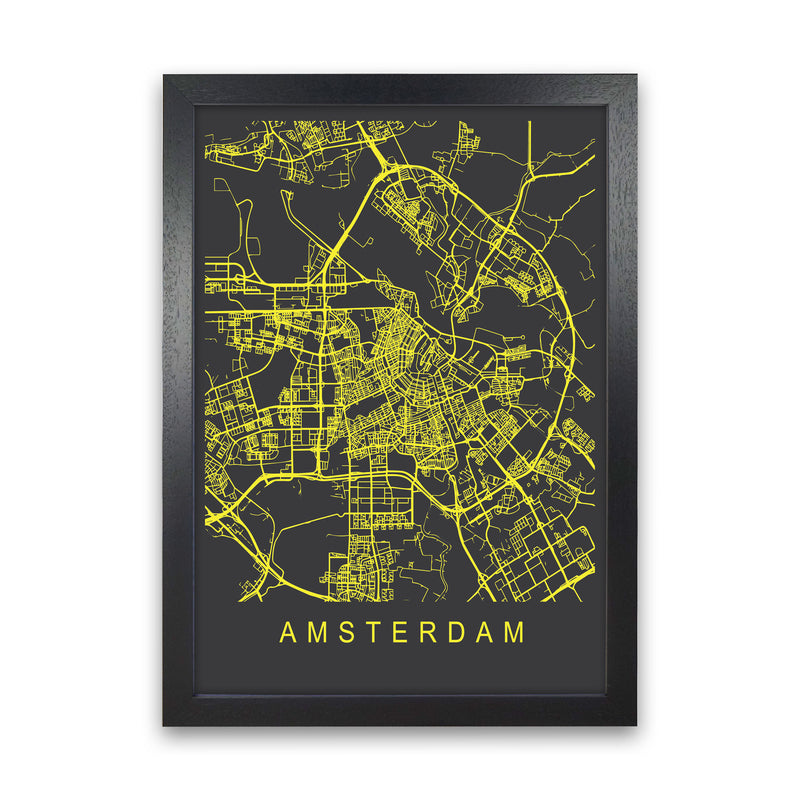 Amsterdam Map Neon Art Print by Pixy Paper Black Grain