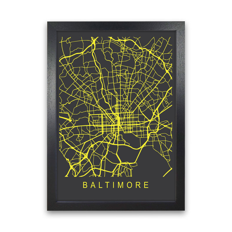 Baltimore Map Neon Art Print by Pixy Paper Black Grain