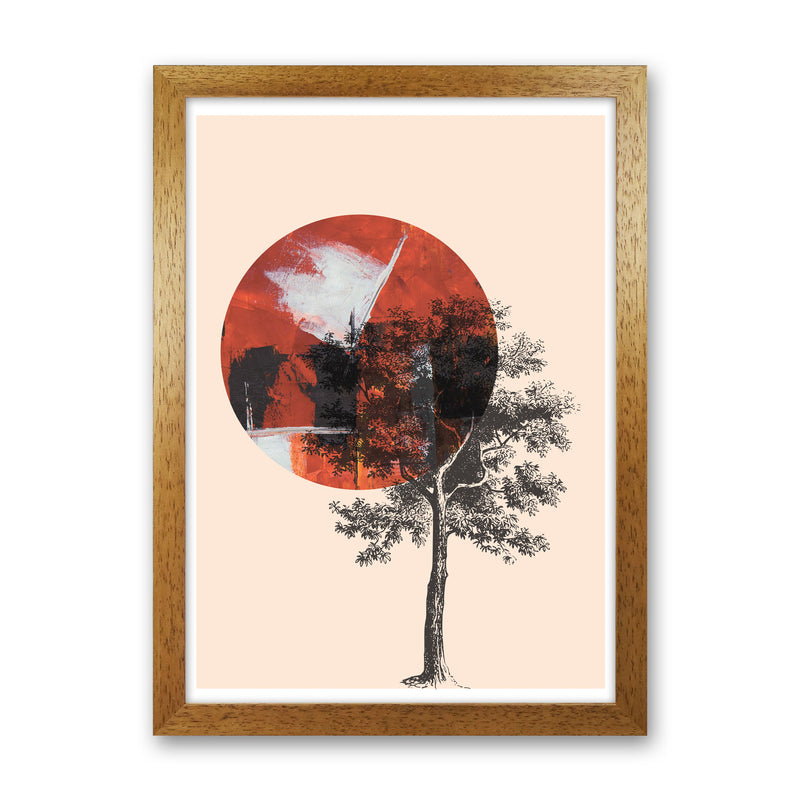 Red Sun And Tree Abstract Modern Print Oak Grain