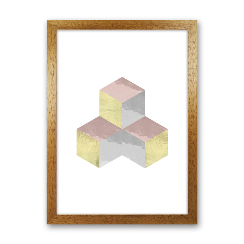 Gold, Pink And Grey Abstract Cubes Modern Print Oak Grain