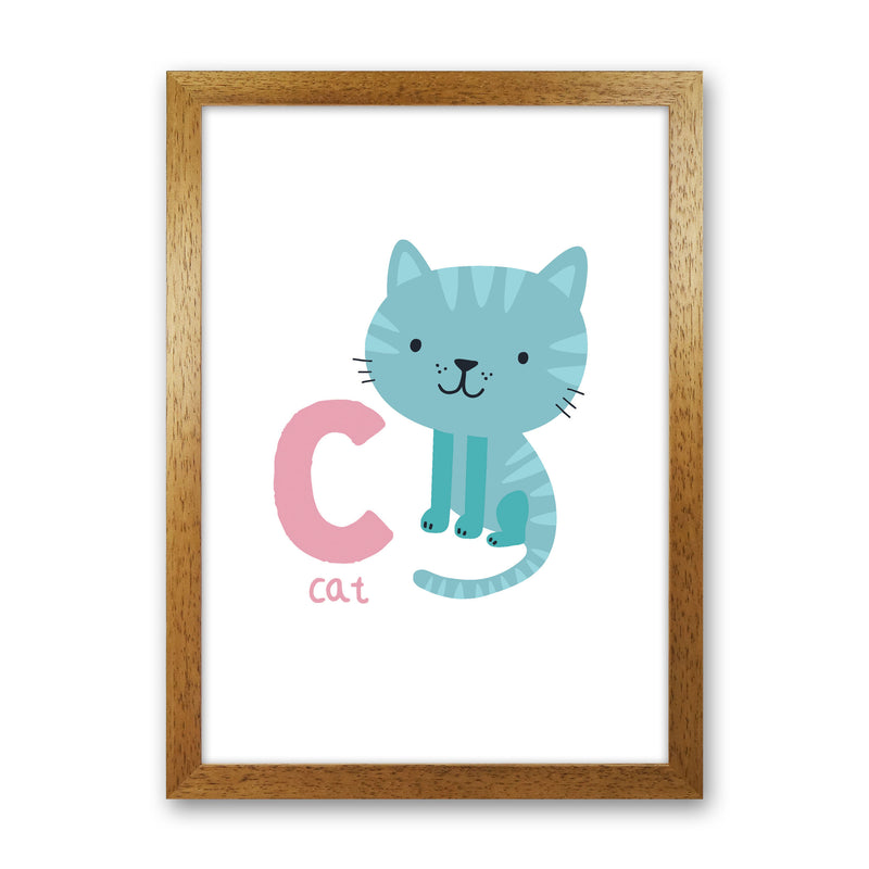 Alphabet Animals, C Is For Cat Framed Nursey Wall Art Print Oak Grain
