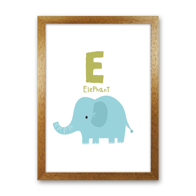 Alphabet Animals, E Is For Elephant Framed Nursey Wall Art Print Oak Grain