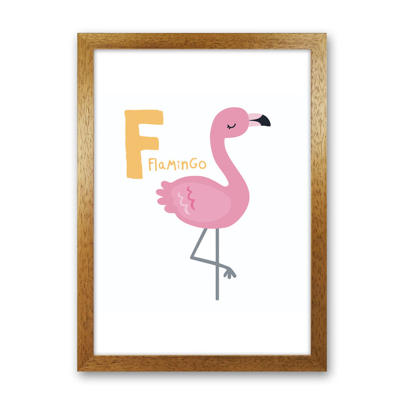 Alphabet Animals, F Is For Flamingo Framed Nursey Wall Art Print Oak Grain