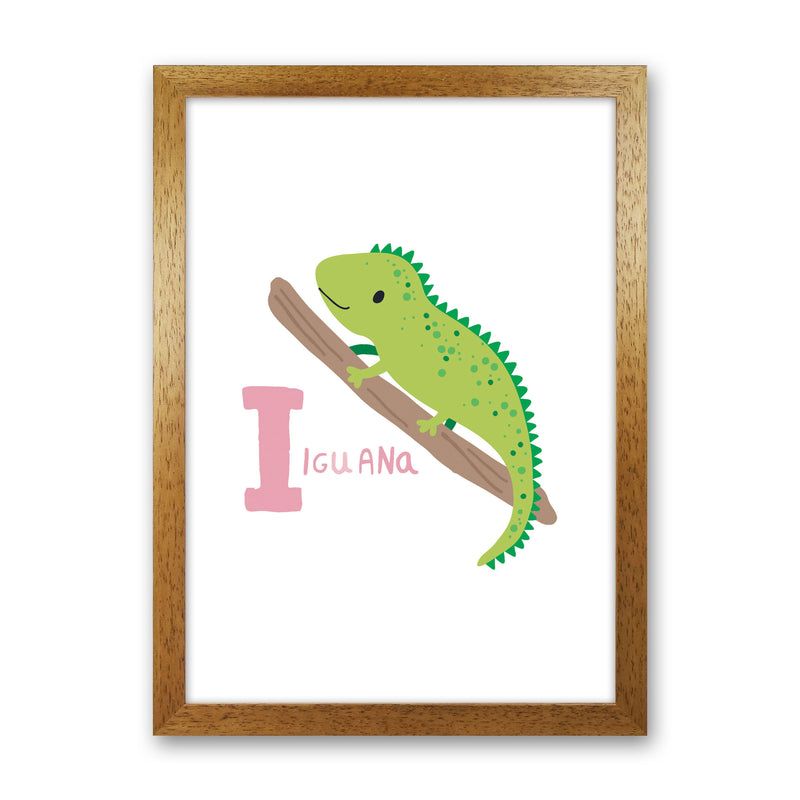 Alphabet Animals, I Is For Iguana Framed Nursey Wall Art Print Oak Grain