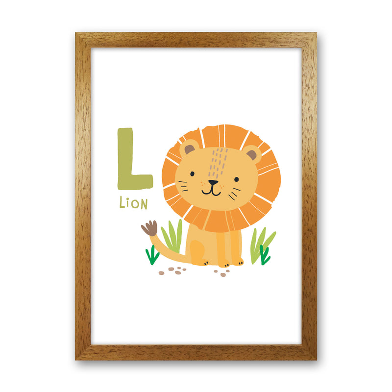 Alphabet Animals, L Is For Lion Framed Nursey Wall Art Print Oak Grain