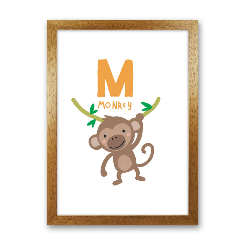 Alphabet Animals, M Is For Monkey Framed Nursey Wall Art Print Oak Grain