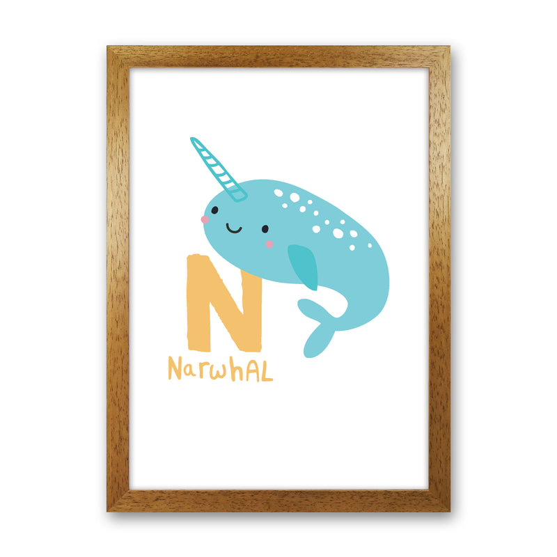 Alphabet Animals, N Is For Narwhal Framed Nursey Wall Art Print Oak Grain