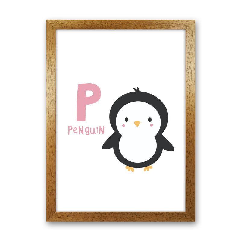Alphabet Animals, P Is For Penguin Framed Nursey Wall Art Print Oak Grain