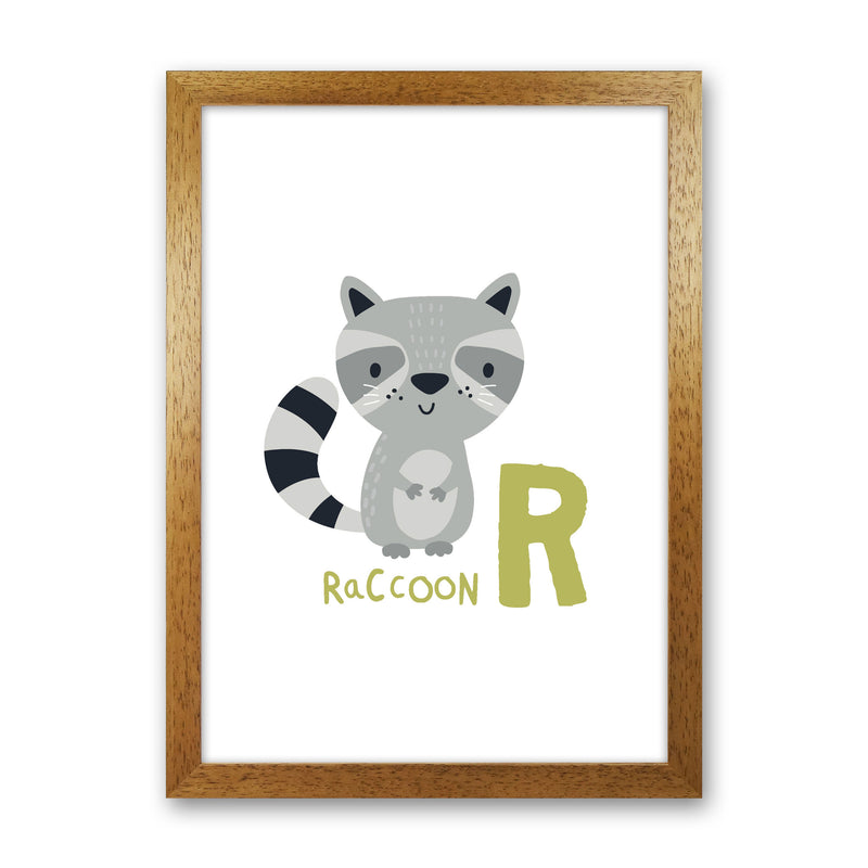 Alphabet Animals, R Is For Raccoon Framed Nursey Wall Art Print Oak Grain