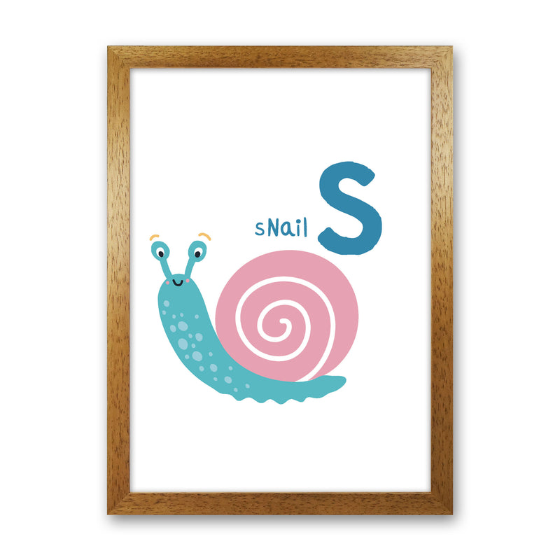 Alphabet Animals, S Is For Snail Framed Nursey Wall Art Print Oak Grain