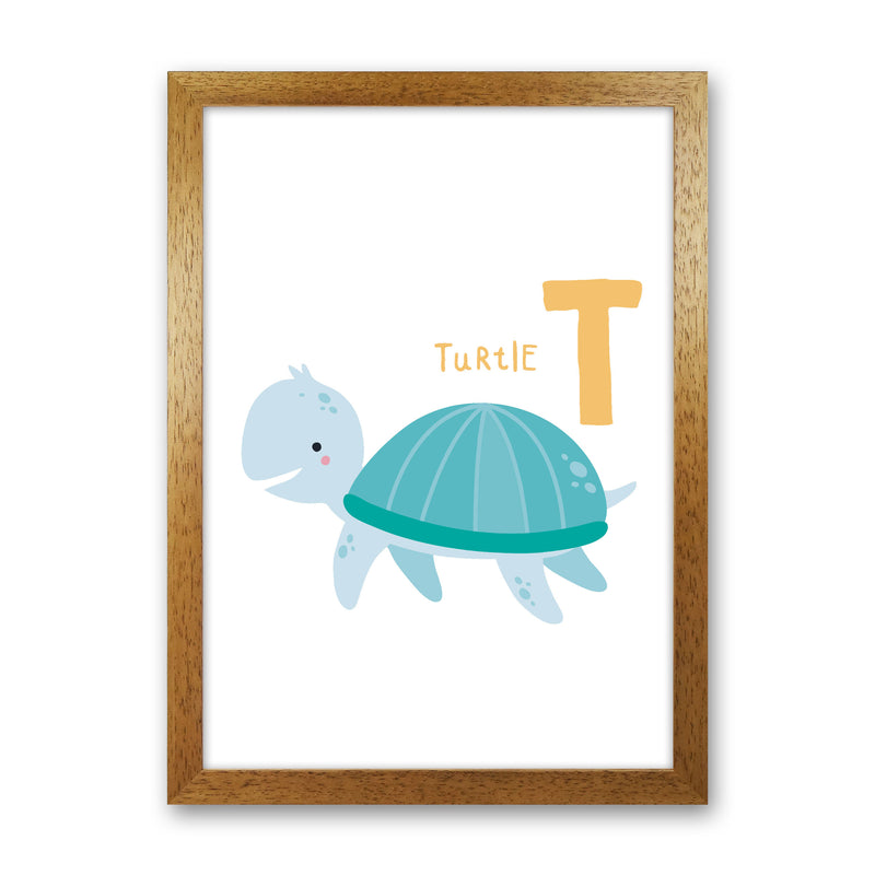 Alphabet Animals, T Is For Turtle Framed Nursey Wall Art Print Oak Grain