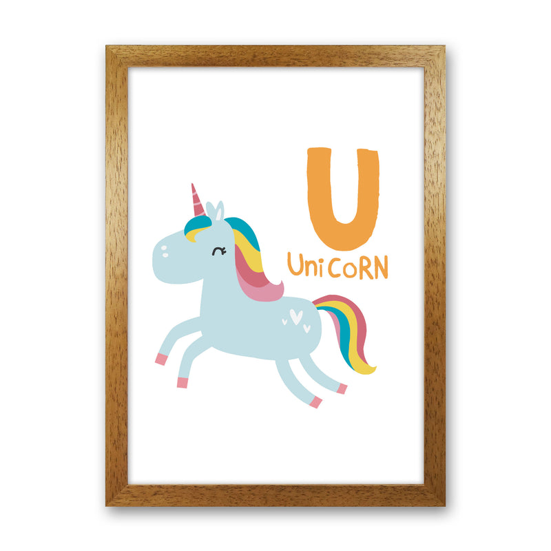 Alphabet Animals, U Is For Unicorn Framed Nursey Wall Art Print Oak Grain