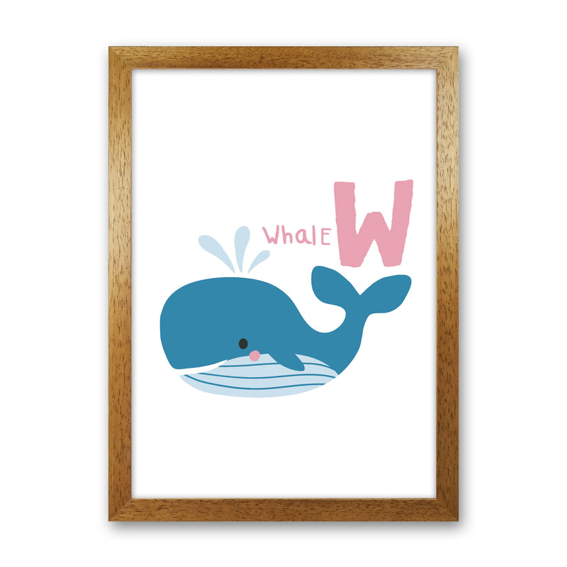 Alphabet Animals, W Is For Whale Framed Nursey Wall Art Print Oak Grain