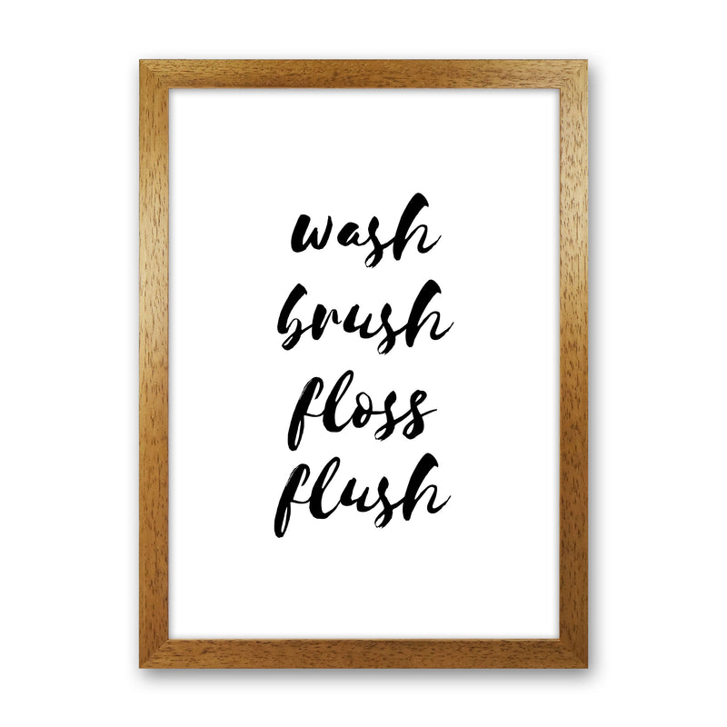 Wash Brush Floss Flush, Bathroom Modern Print, Framed Bathroom Wall Art Oak Grain