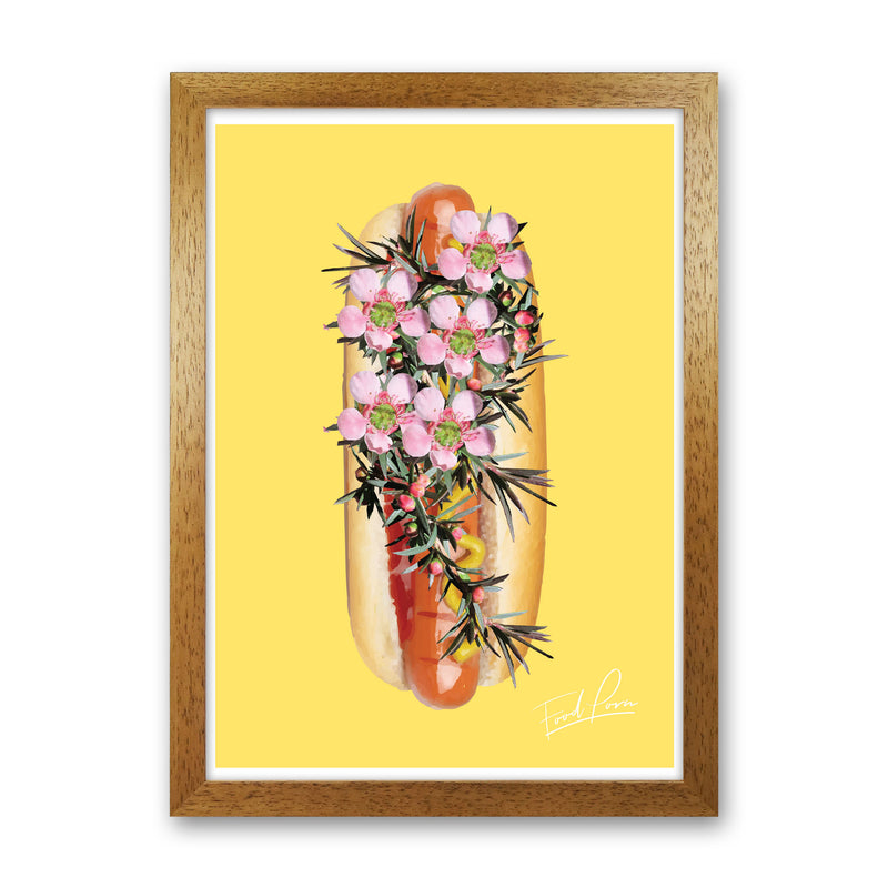 Yellow Hot Dog Food Print, Framed Kitchen Wall Art Oak Grain