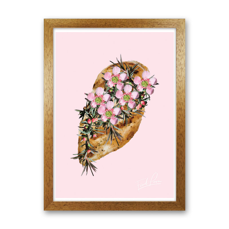Pink Chicken Floral Food Print, Framed Kitchen Wall Art Oak Grain