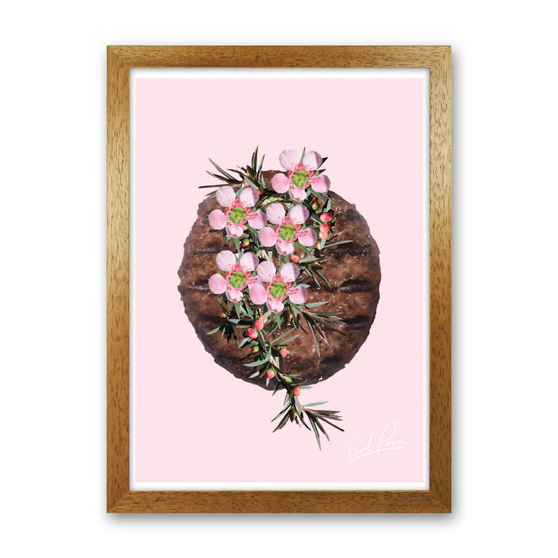 Pink Burger Floral Food Print, Framed Kitchen Wall Art Oak Grain