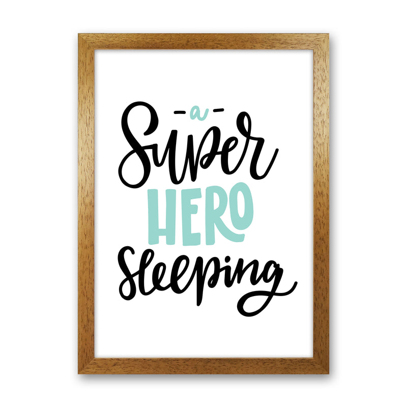 Superhero Sleeping Mint And Black Framed Nursey Wall Art Print Oak Grain