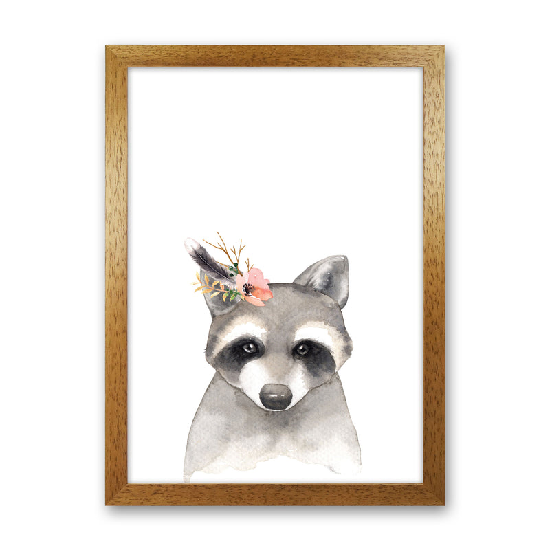 Forest Friends, Floral Cute Raccoon Modern Print Animal Art Print Oak Grain